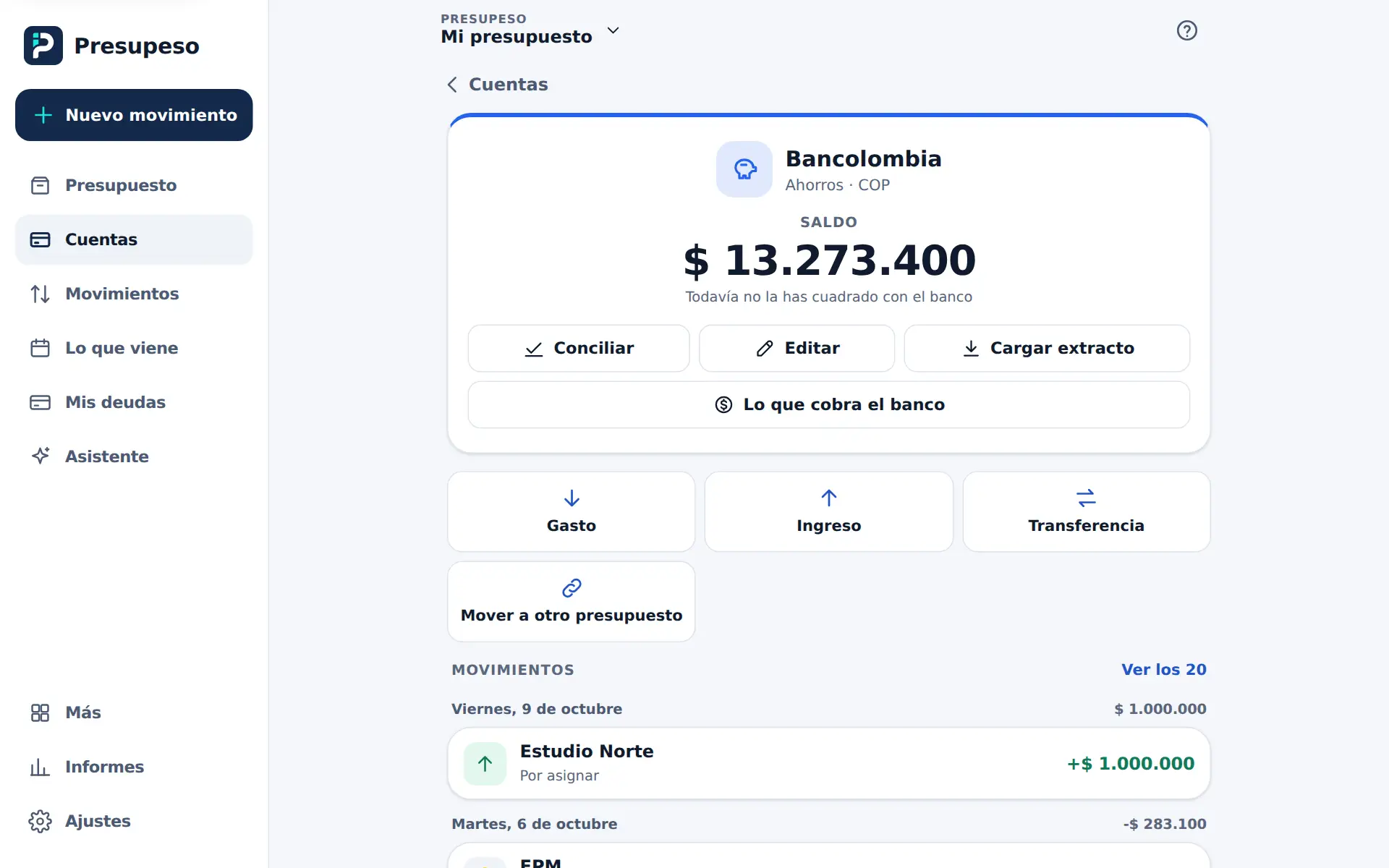 El detalle de Bancolombia: el saldo, los botones Conciliar, Editar, Cargar extracto y Lo que cobra el banco, y sus movimientos por día