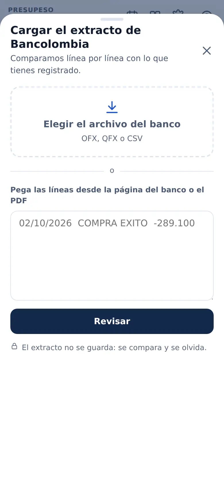 La pantalla de «El extracto te dice qué falta» en Presupeso