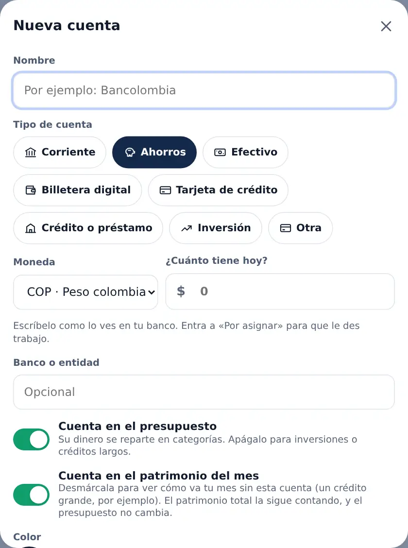 La hoja Nueva cuenta, con el tipo Ahorros elegido y el interruptor Cuenta en el presupuesto encendido