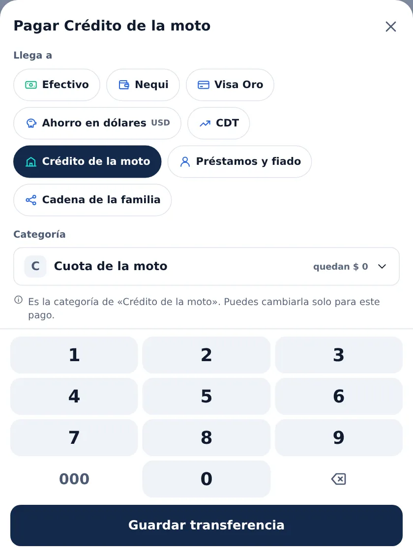 La hoja de «Pagar esta deuda»: llega al crédito de la moto y sale de la categoría «Cuota de la moto», con la frase «Puedes cambiarla solo para este pago»