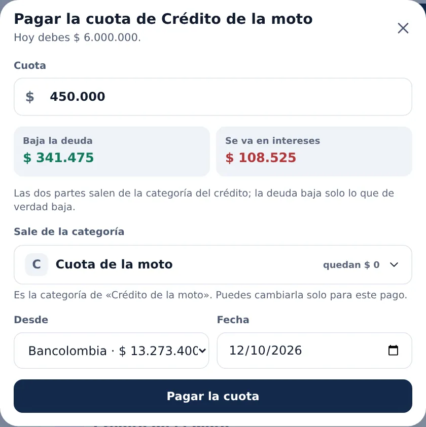 La hoja para pagar la cuota del crédito de la moto: la cuota partida en lo que baja la deuda y lo que se va en intereses, y la categoría de la que sale