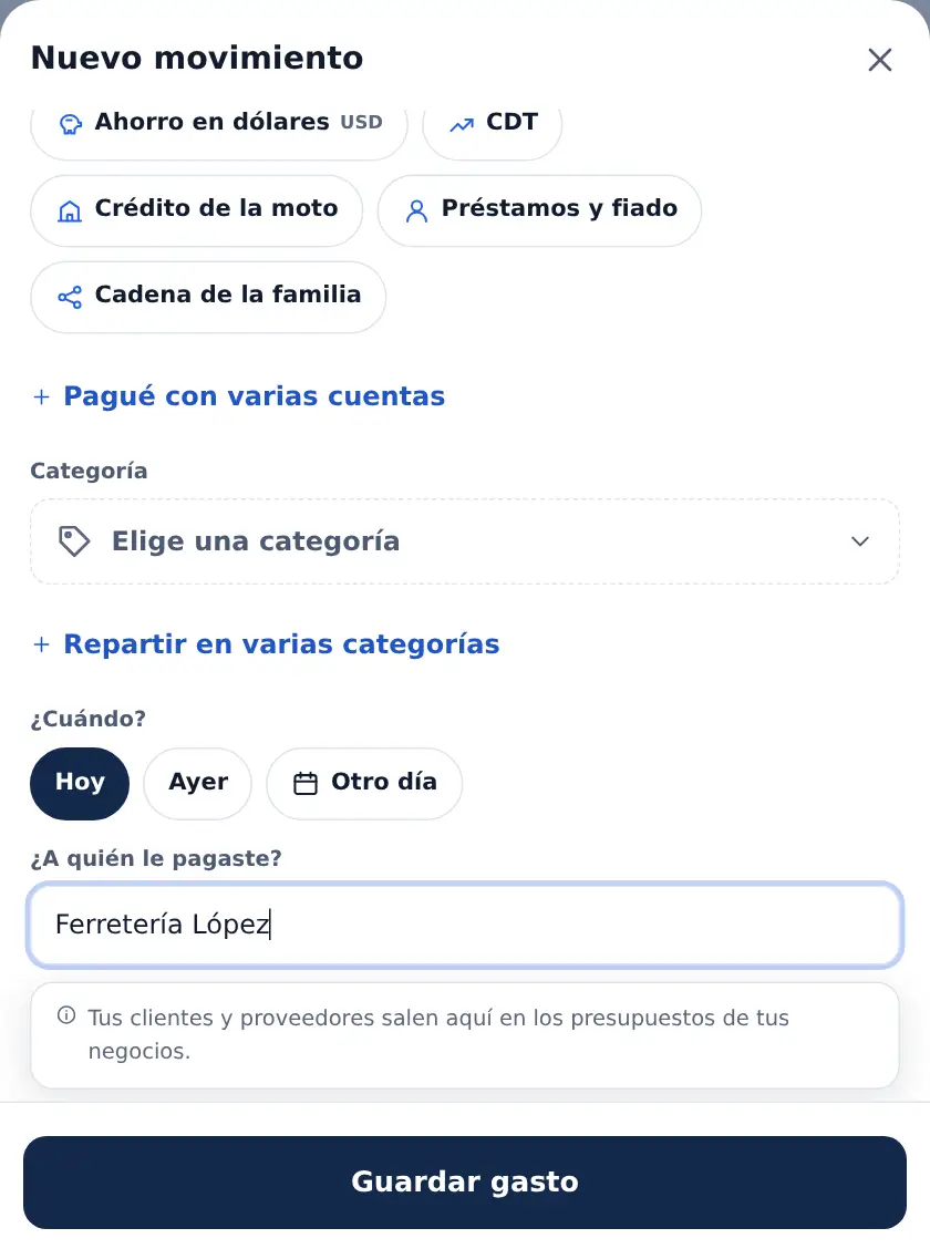 Al escribir un nombre nuevo, la opción de guardarlo como proveedor