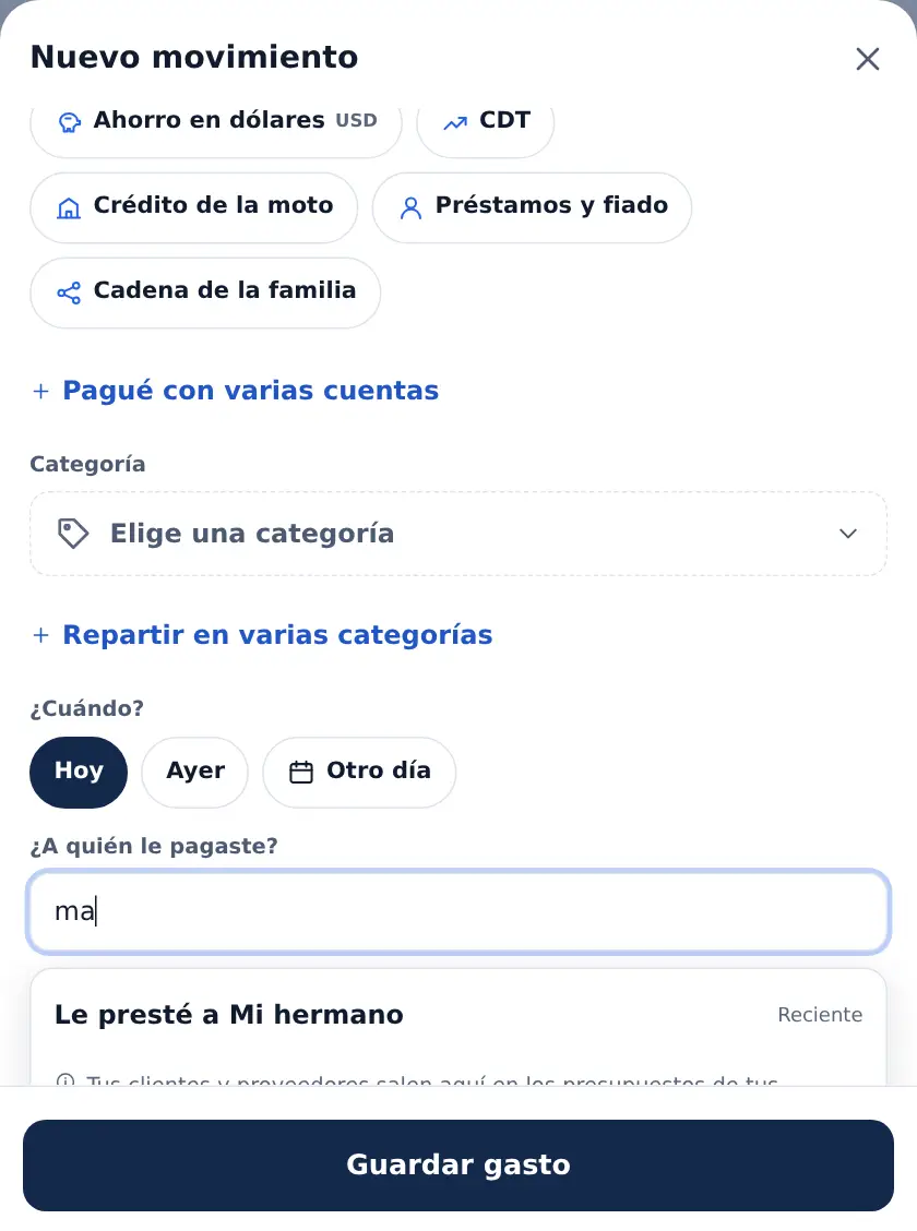 Nuevo movimiento en Arepas de Laura: al escribir «ma» salen Distribuidora El Maíz (proveedor) y Doña Rosa (cliente)