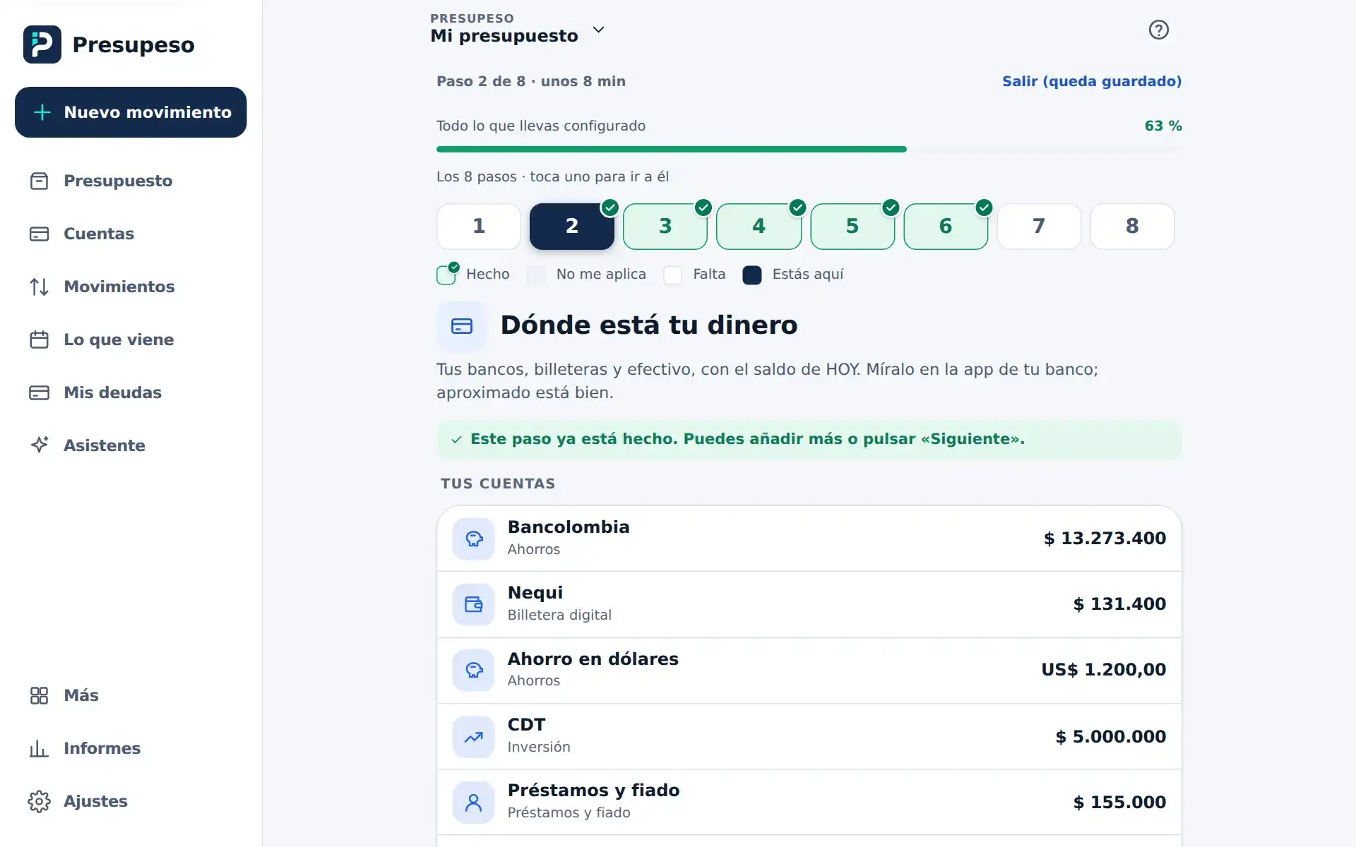 El paso de las cuentas, ya hecho, con la lista de cuentas creadas
