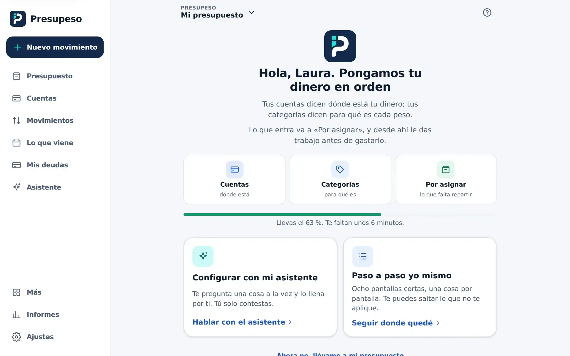 La bienvenida, con la barra de avance y los dos caminos para configurar