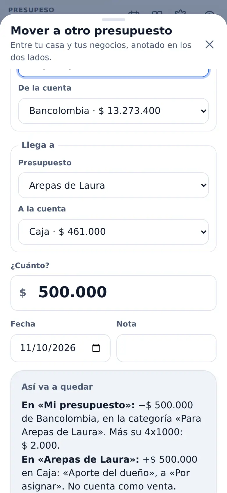 La pantalla de «Mover plata entre tus presupuestos, con su nombre» en Presupeso