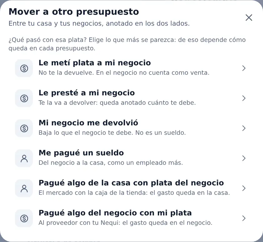 La hoja Mover a otro presupuesto: primero se elige qué pasó