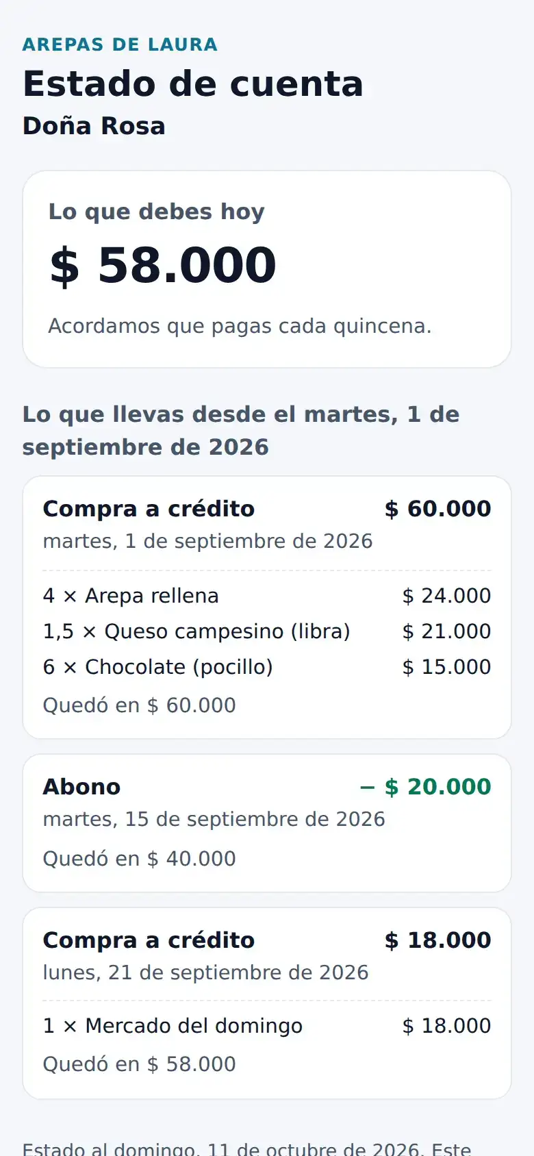 La pantalla de «El estado de cuenta, por WhatsApp» en Presupeso