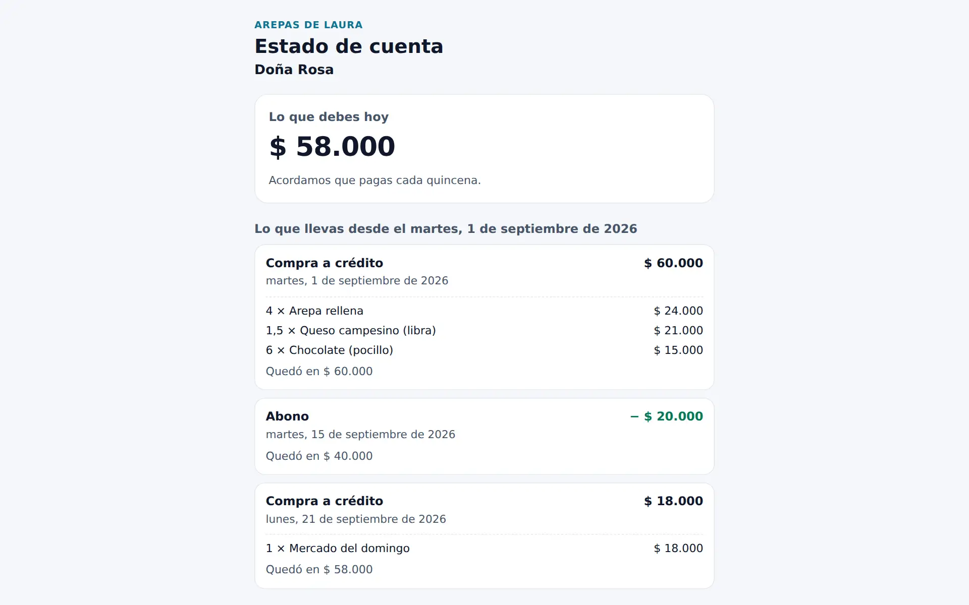 Lo que ve Doña Rosa: lo que debe hoy, lo que acordaron, y cada compra con sus productos y cada abono