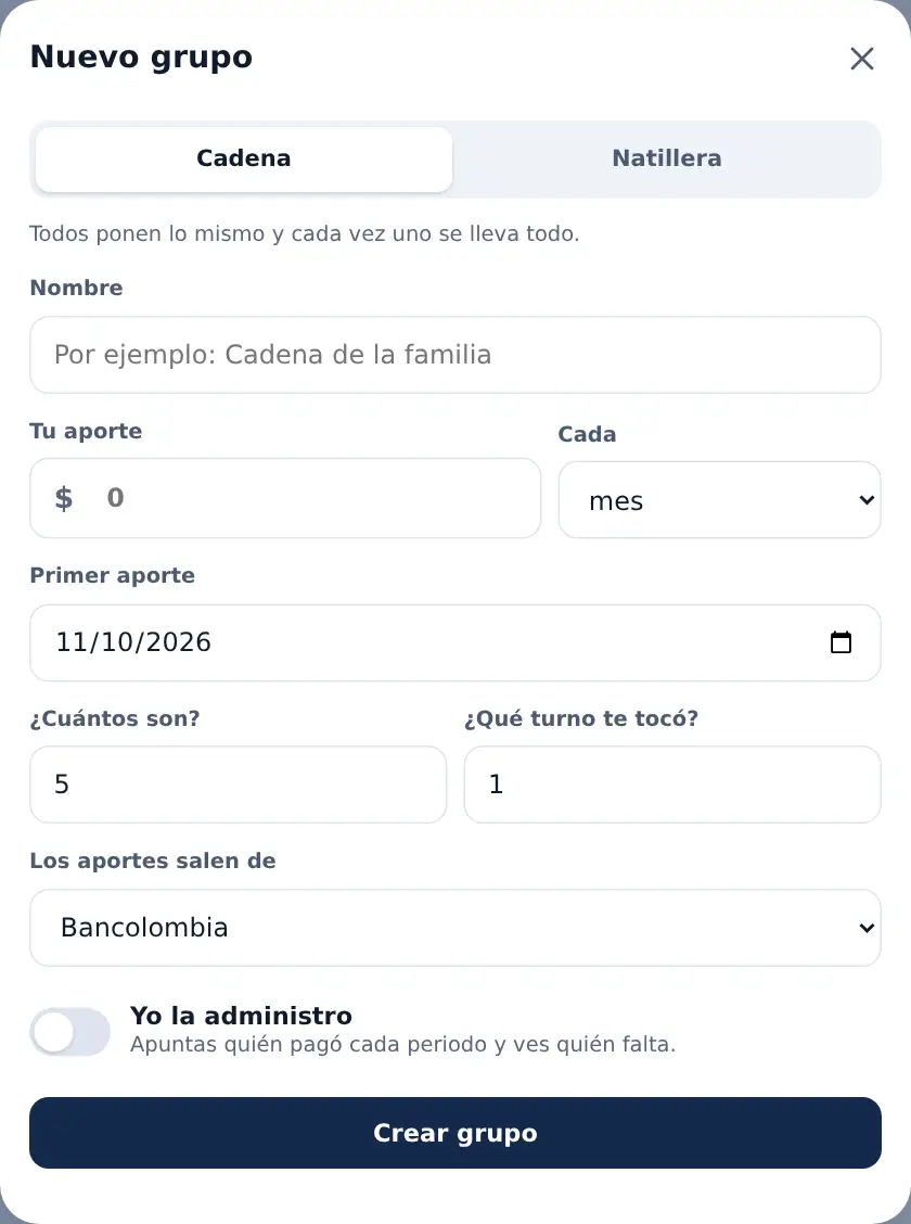 La hoja Nuevo grupo, con la cadena elegida: aporte, cada cuánto, cuántos son y qué turno te tocó