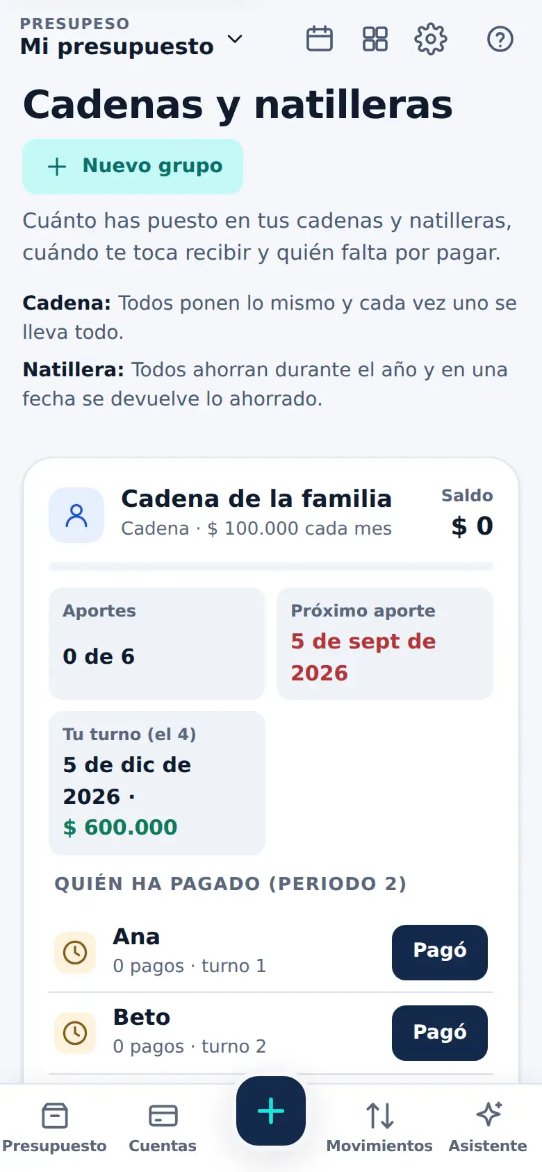 La pantalla de «Cadenas y natilleras, sin cuaderno» en Presupeso