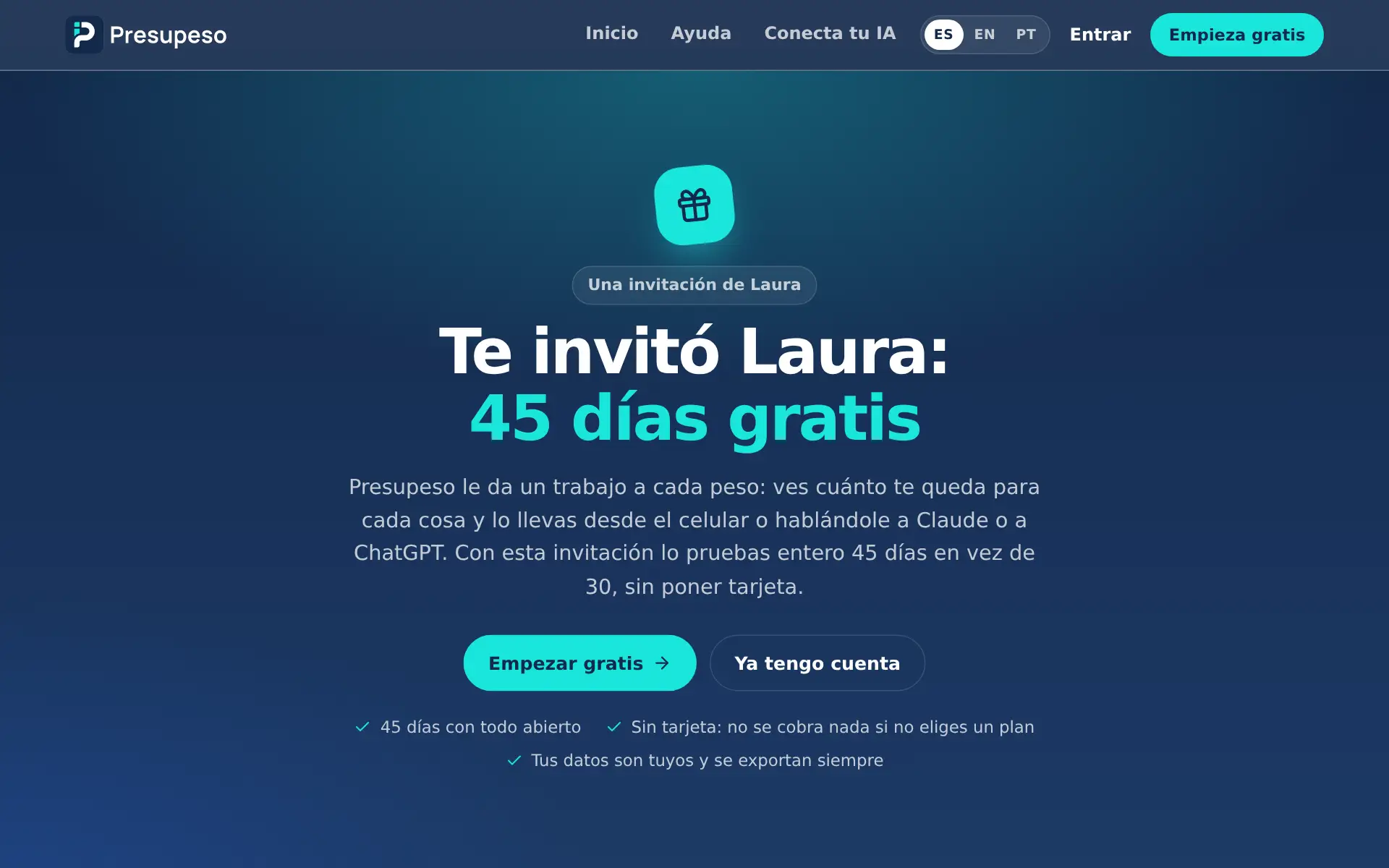 La página de la invitación: el nombre de quien invita, los 45 días gratis y el botón para empezar