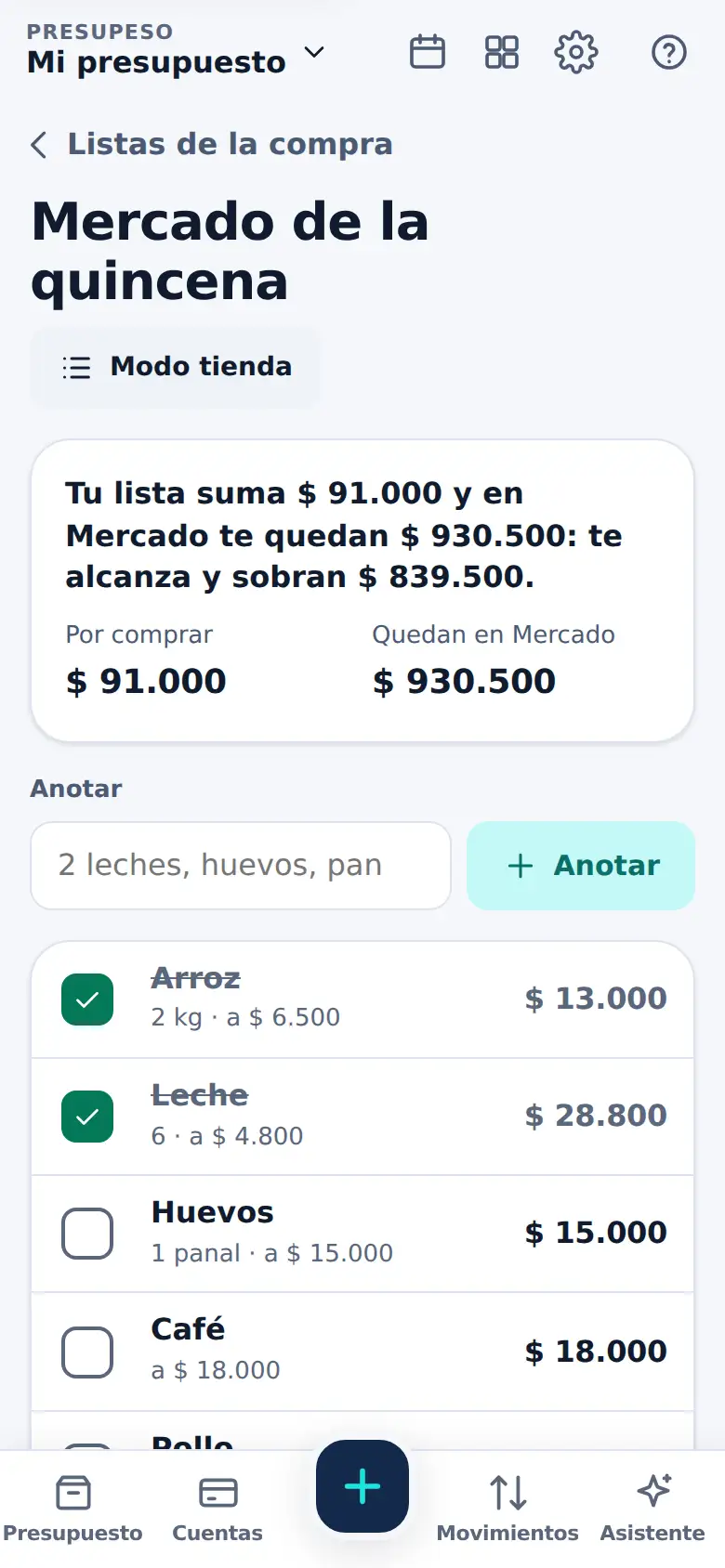 La pantalla de «La lista de la compra, atada a tu sobre» en Presupeso