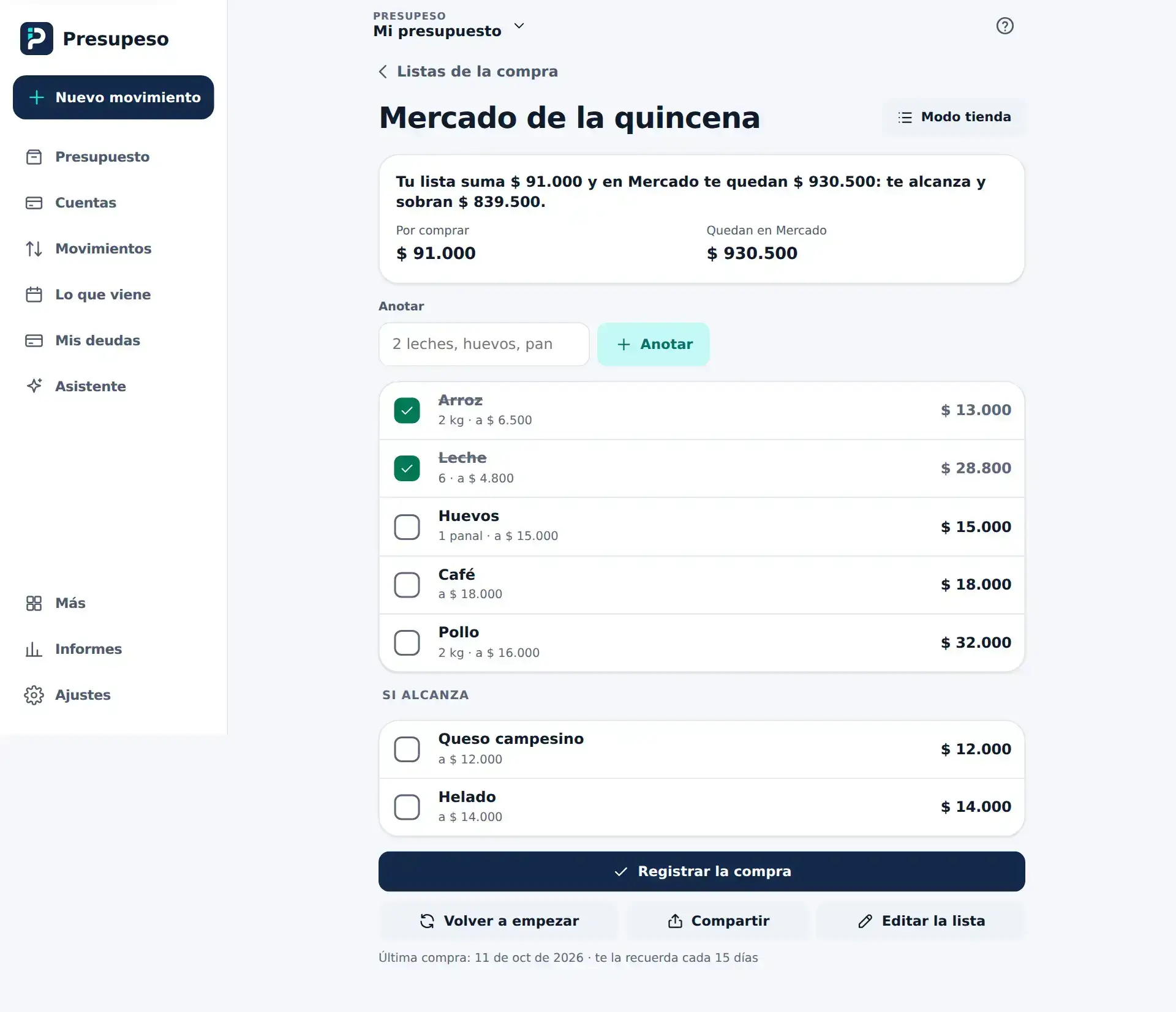 La lista Mercado de la quincena: la tarjeta de cuánto vale contra Mercado, Anotar, y las cosas con sus casillas, cantidades y precios