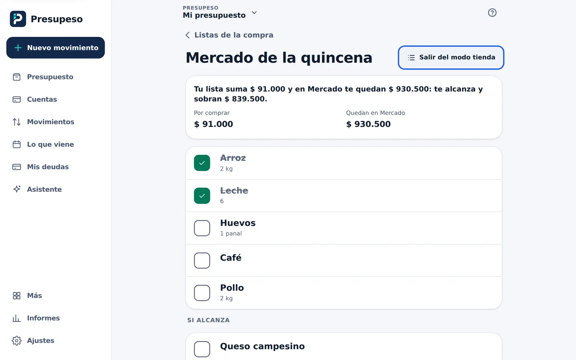 El modo tienda: casillas grandes, lo marcado tachado y sin precios