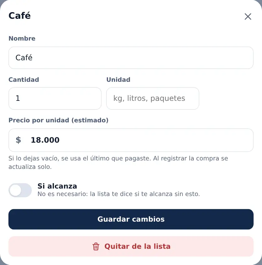 La hoja de una cosa: nombre, cantidad, unidad, el precio por unidad y el interruptor Si alcanza