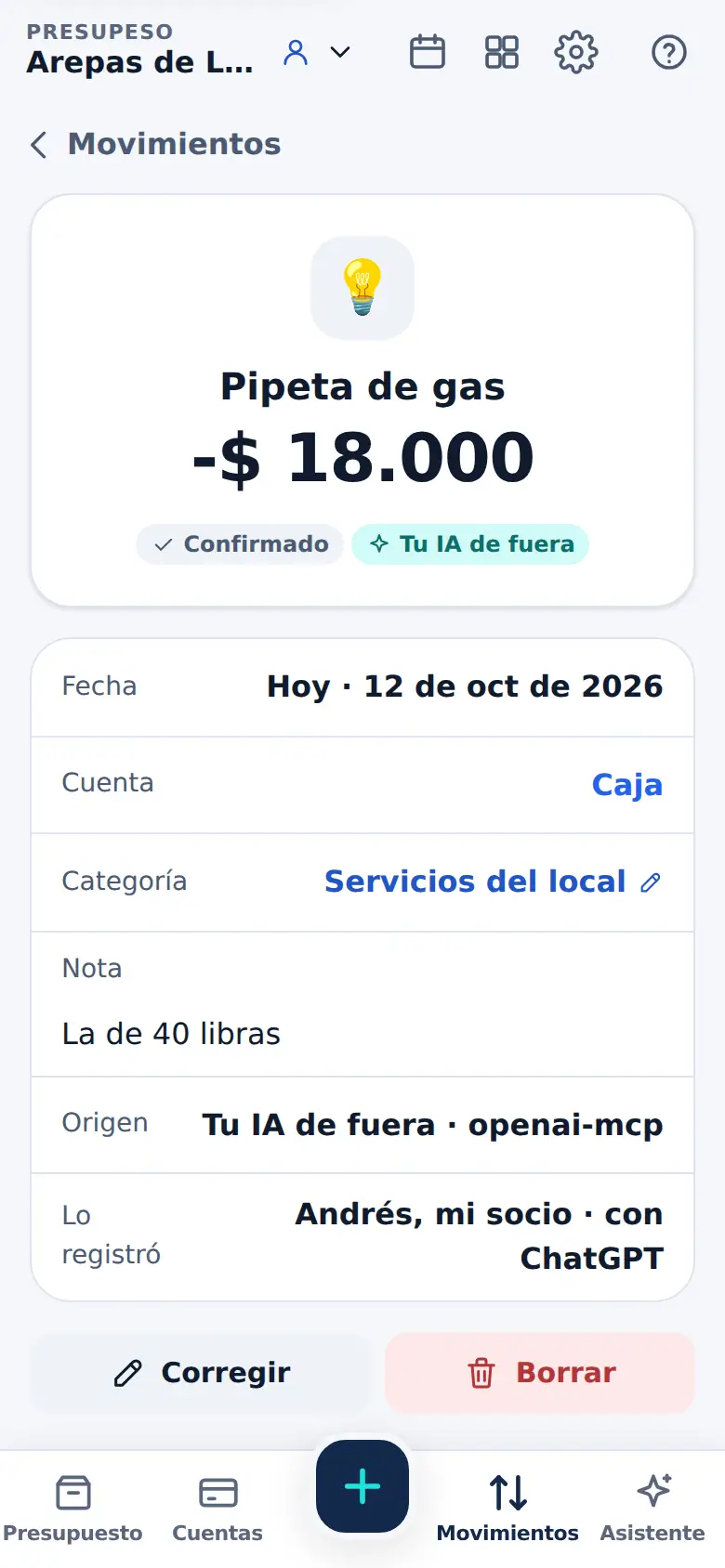 La pantalla de «Siempre sabes quién lo anotó» en Presupeso