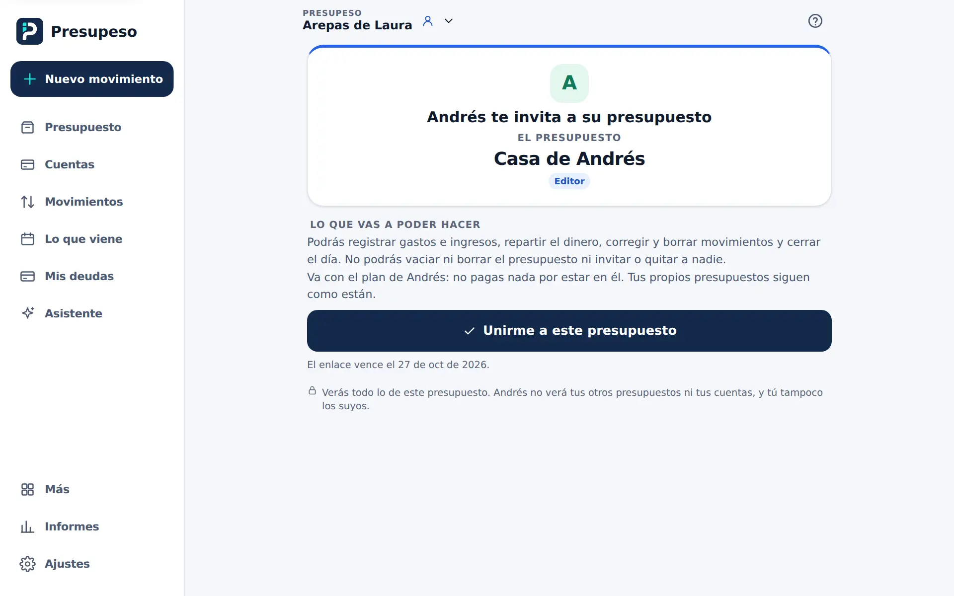 Andrés invita a Laura a la Casa de Andrés: el papel, lo que va a poder hacer y el botón Unirme a este presupuesto