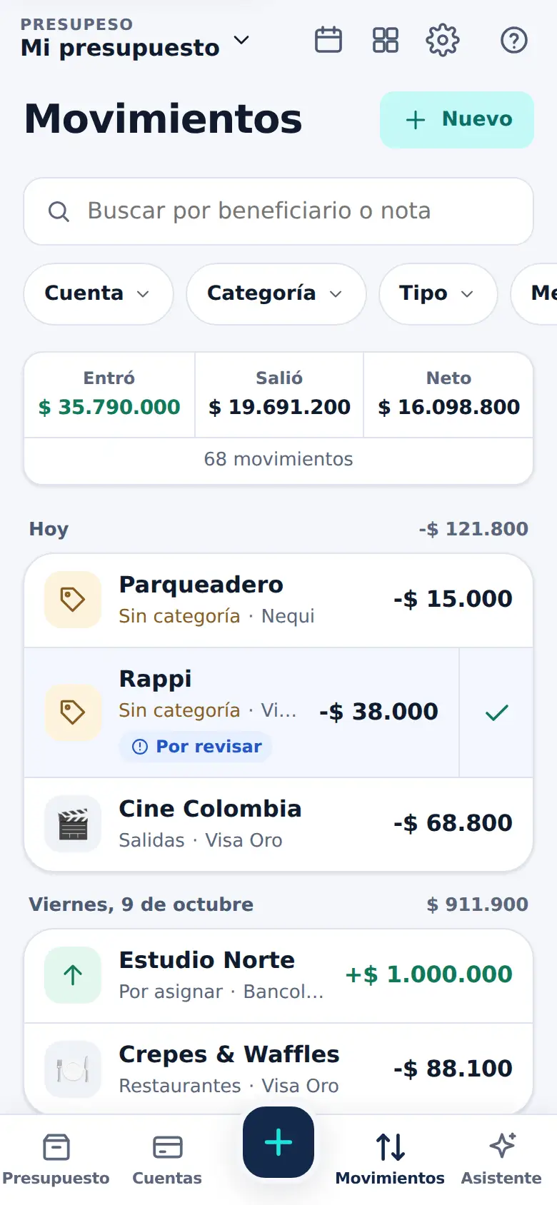La pantalla de «Encuentra cualquier movimiento» en Presupeso