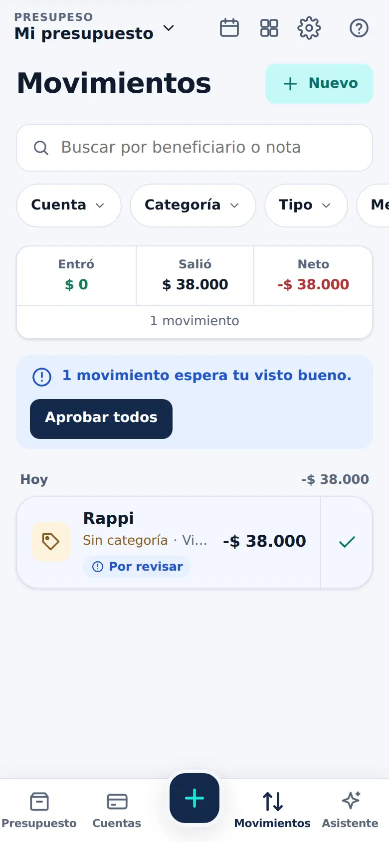La pantalla de «Lo que llega solo, con tu visto bueno» en Presupeso