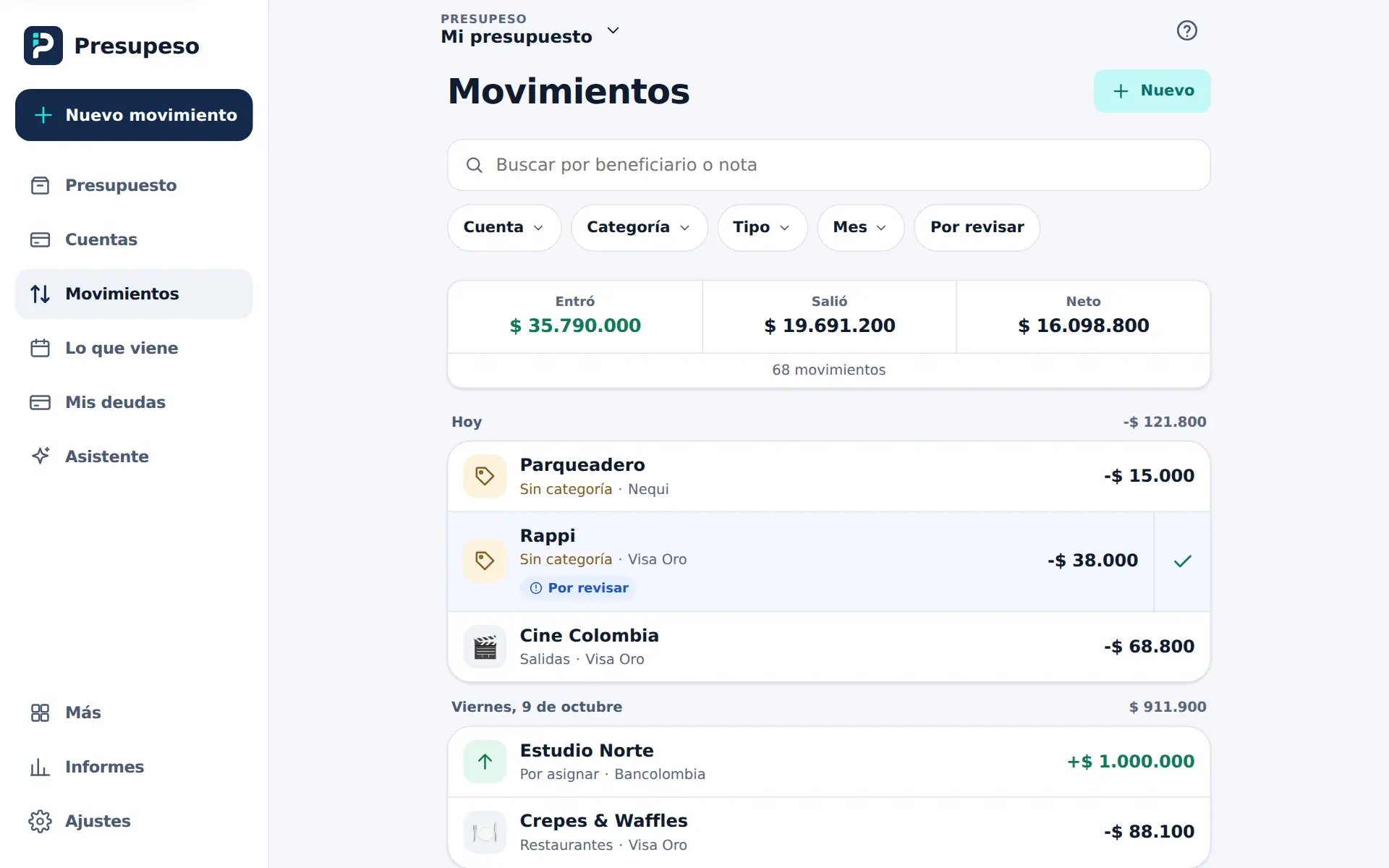 La lista de Movimientos: el buscador, los filtros, los totales y los movimientos agrupados por día
