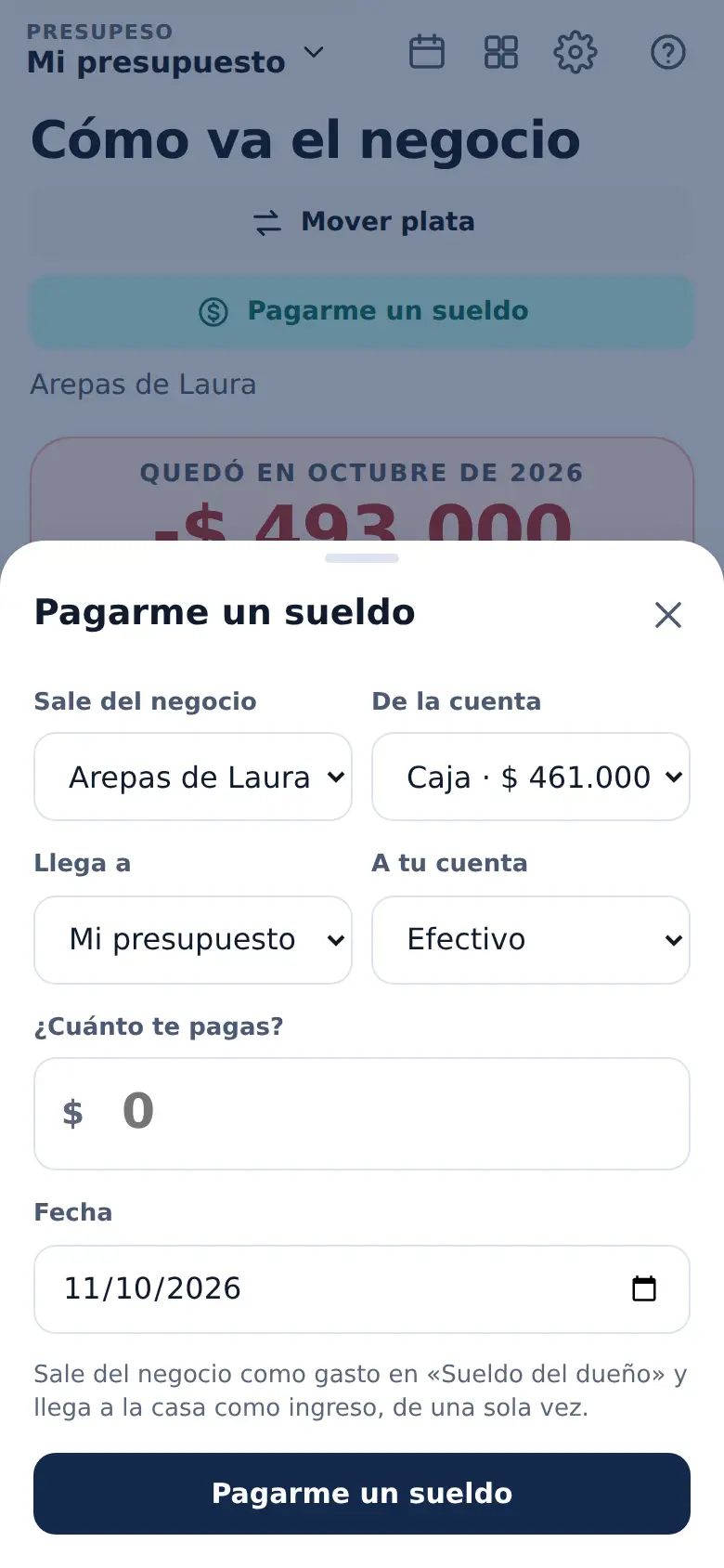 La pantalla de «Te pagas un sueldo, como debe ser» en Presupeso