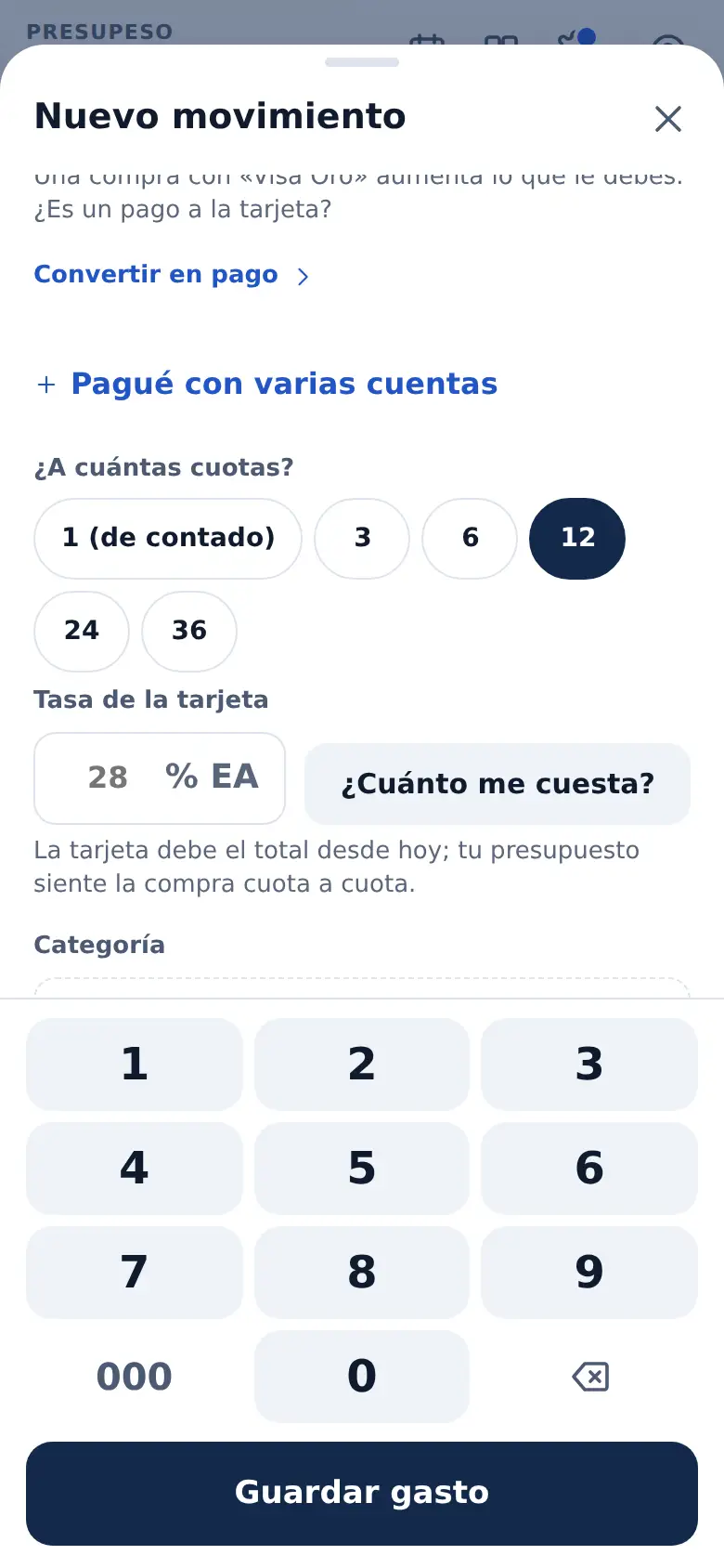 La pantalla de «Compras a cuotas, con la cuenta clara» en Presupeso