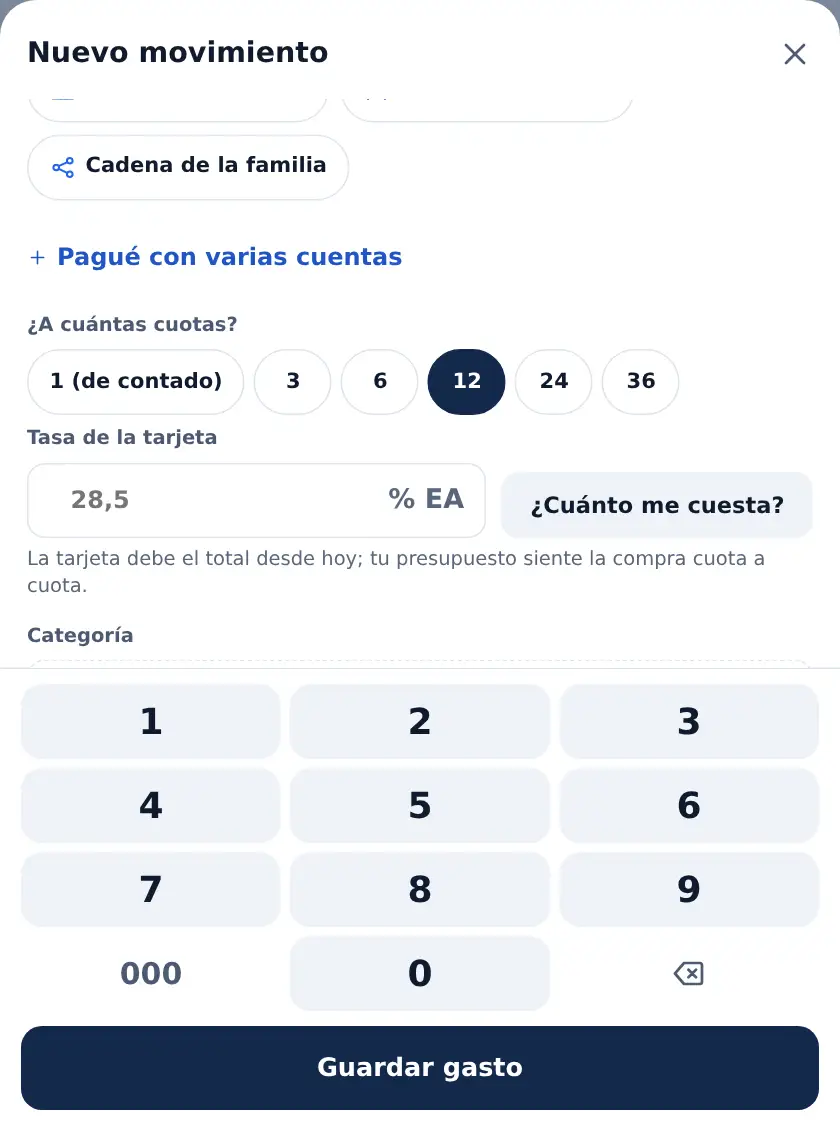 La hoja Nuevo movimiento con la tarjeta Visa Oro elegida; al elegir una tarjeta aparece más abajo «¿A cuántas cuotas?»