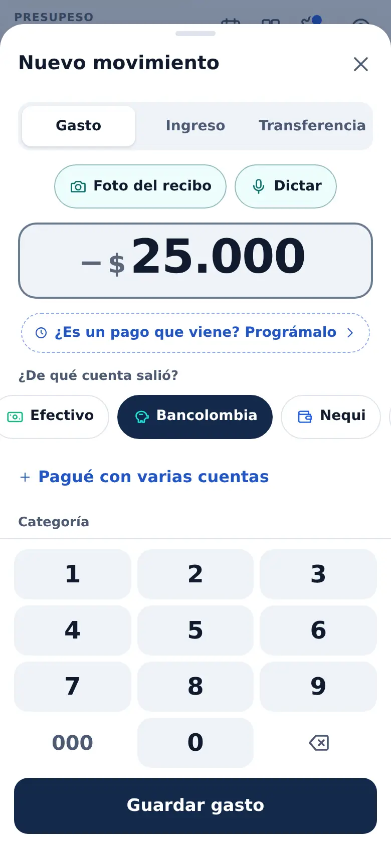 La pantalla de «Apuntar un gasto en tres toques» en Presupeso