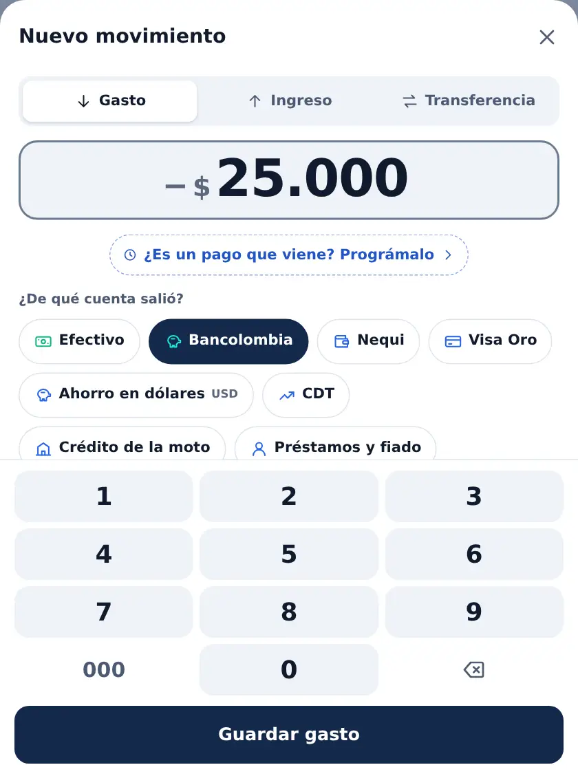 La hoja Nuevo movimiento en Gasto: el monto de 25.000, el enlace para programar un pago, las cuentas y el teclado