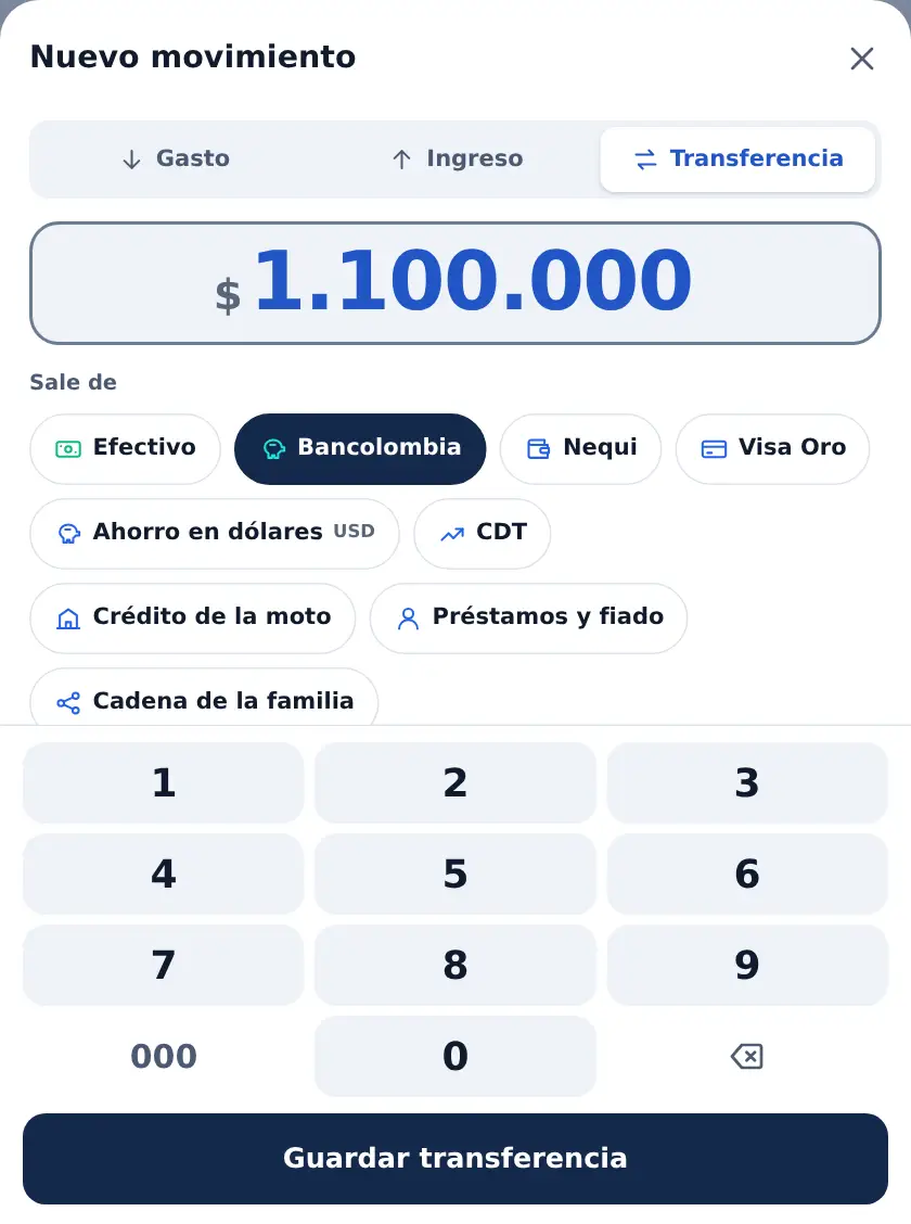 La hoja en Transferencia: 1.100.000 que salen de Bancolombia, con el teclado abajo