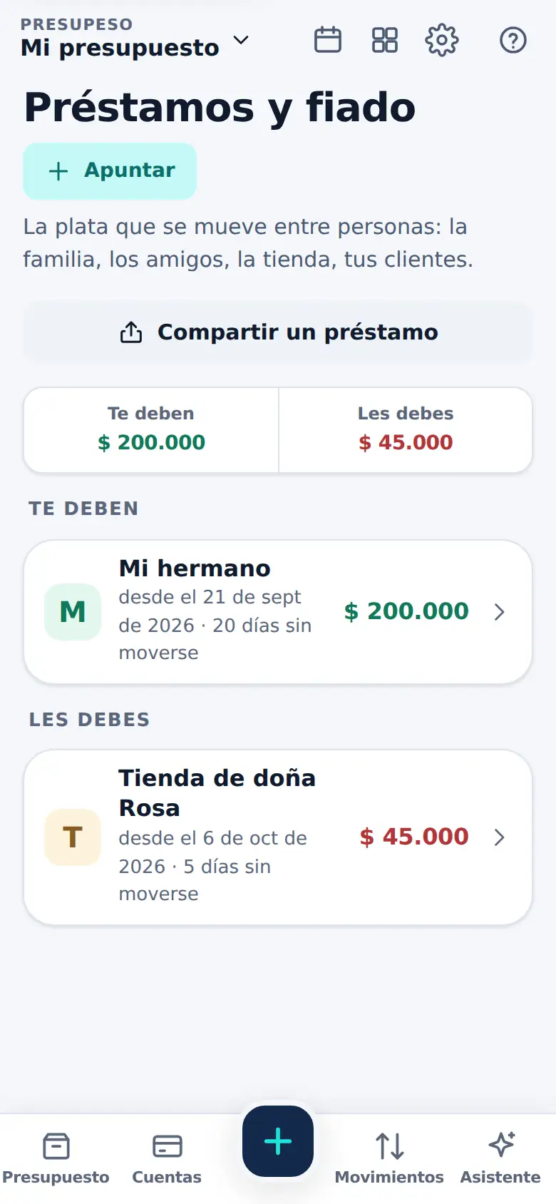 La pantalla de «Préstamos y fiado entre personas» en Presupeso