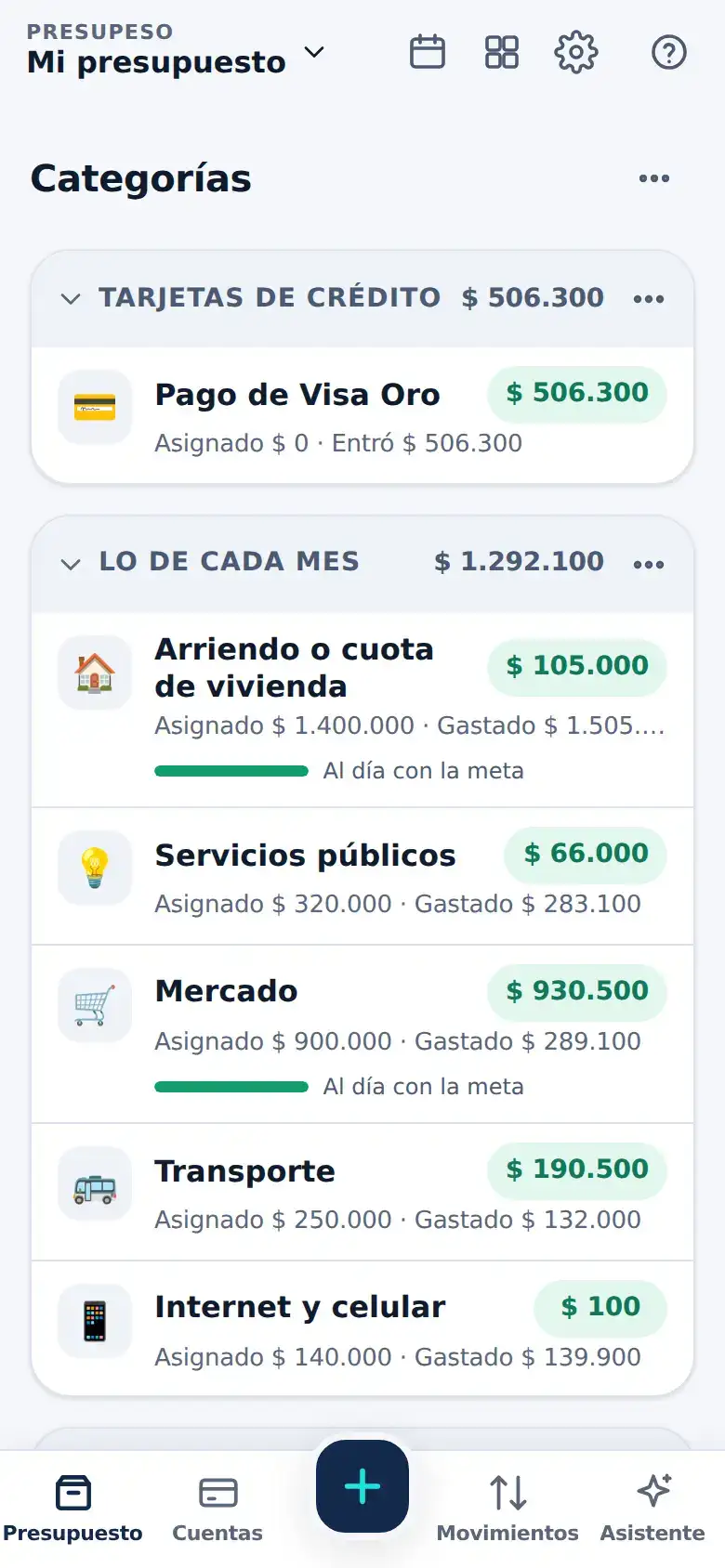 La pantalla de «Lo que compras con la tarjeta queda apartado» en Presupeso