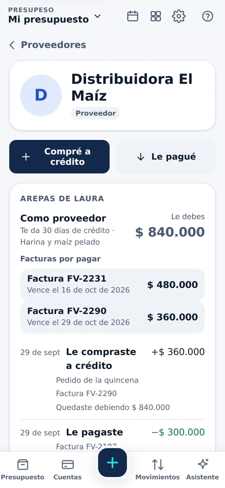 Un proveedor: lo que le debes y sus facturas por pagar con su vencimiento