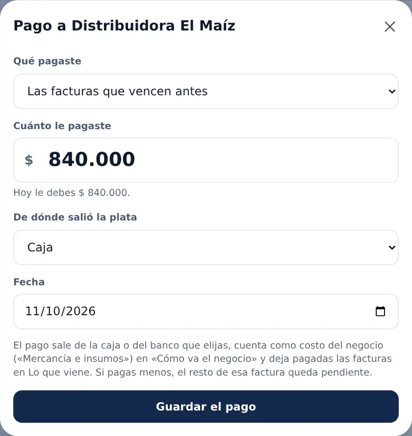 Le pagué a Distribuidora El Maíz: las facturas que vencen antes, la cifra, la caja y la fecha