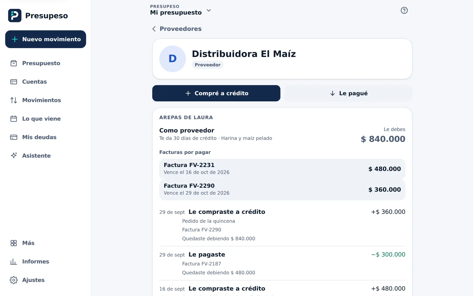 Distribuidora El Maíz: le debes $ 840.000, dos facturas por pagar con su vencimiento y la historia de compras y pagos