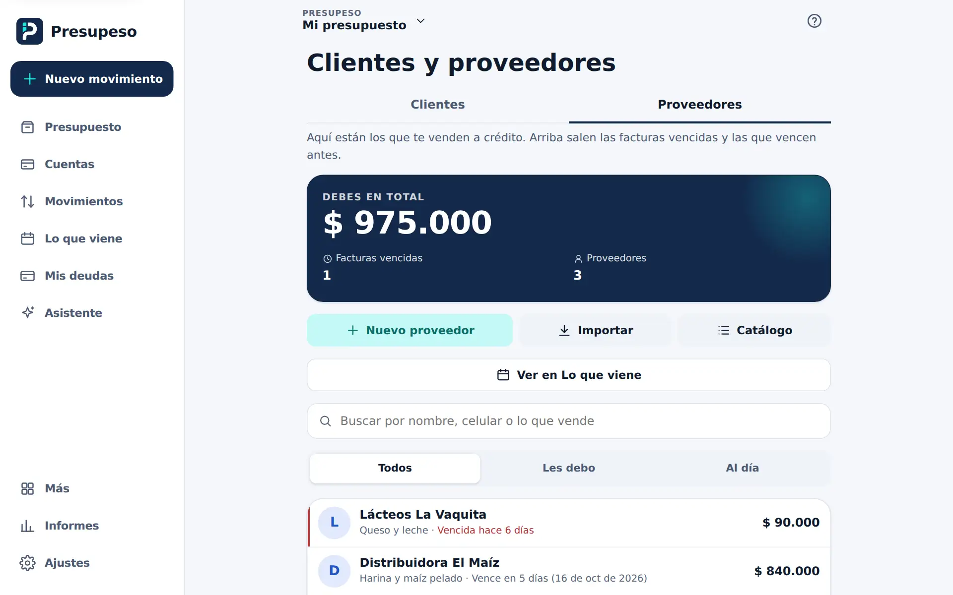 Proveedores: debes $ 975.000 en total, una factura vencida y arriba los que vencen antes