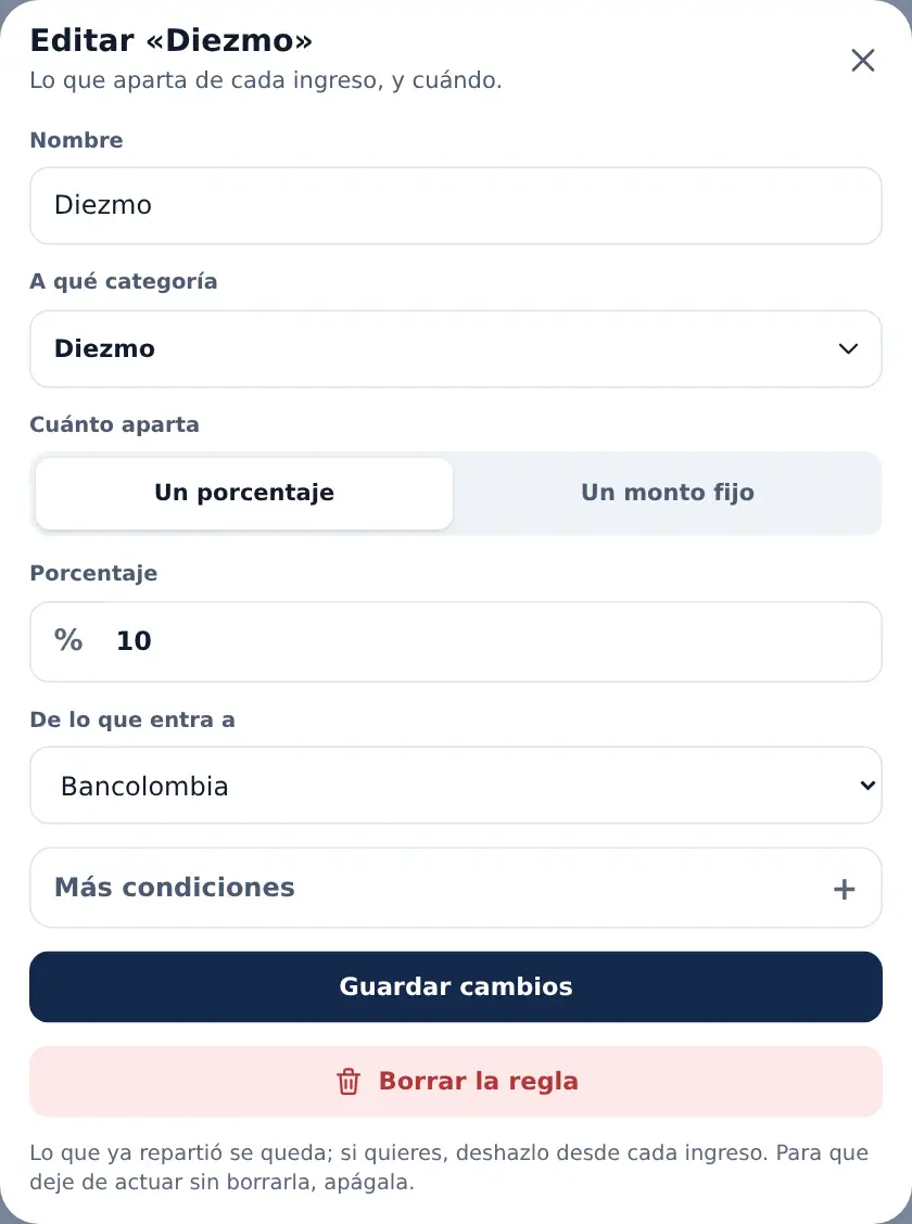 La hoja Editar «Diezmo»: categoría Diezmo, un porcentaje del 10 %, de lo que entra a Bancolombia, y Más condiciones