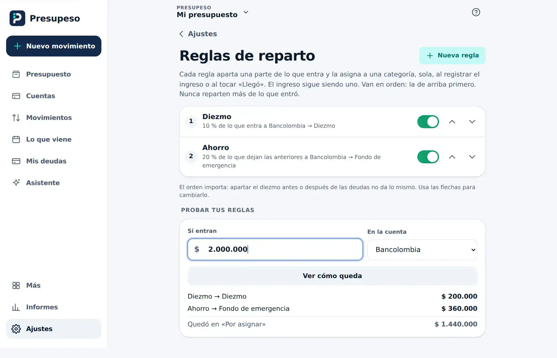 La pantalla Reglas de reparto con Diezmo y Ahorro en orden, sus interruptores y flechas, y la prueba con $ 2.000.000 en Bancolombia