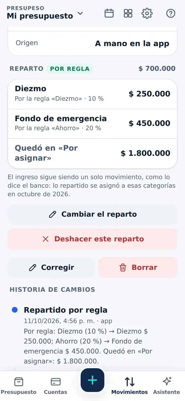 La pantalla de «Repartir lo que entra con tus reglas» en Presupeso