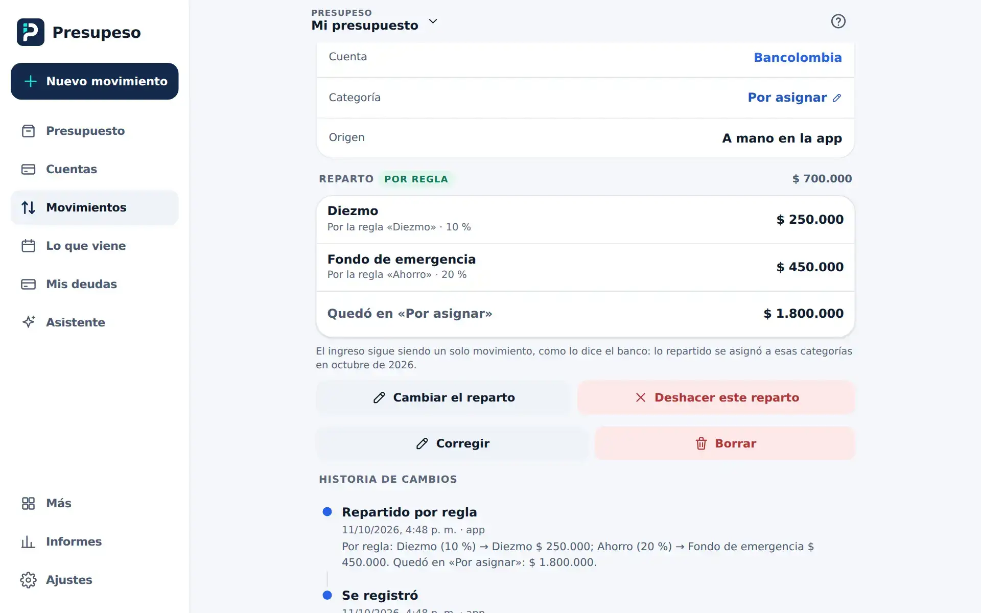 El detalle de «Honorarios de octubre»: Reparto por regla, $ 250.000 a Diezmo y $ 450.000 a Fondo de emergencia, $ 1.800.000 quedaron en Por asignar, y en la historia «Repartido por regla»