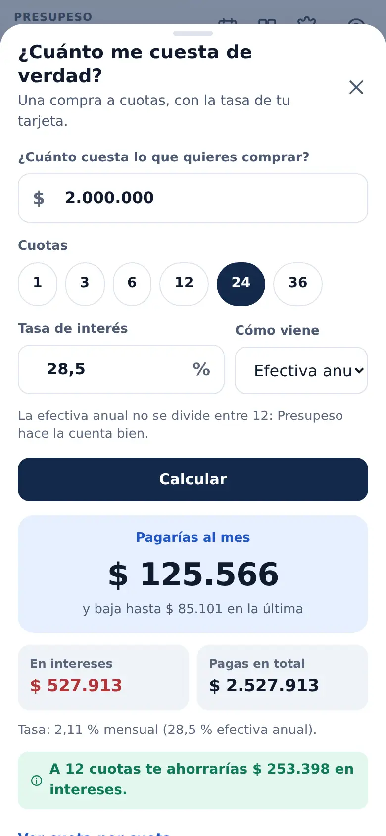 La pantalla de «¿A cuántas cuotas? Mira lo que cuesta» en Presupeso