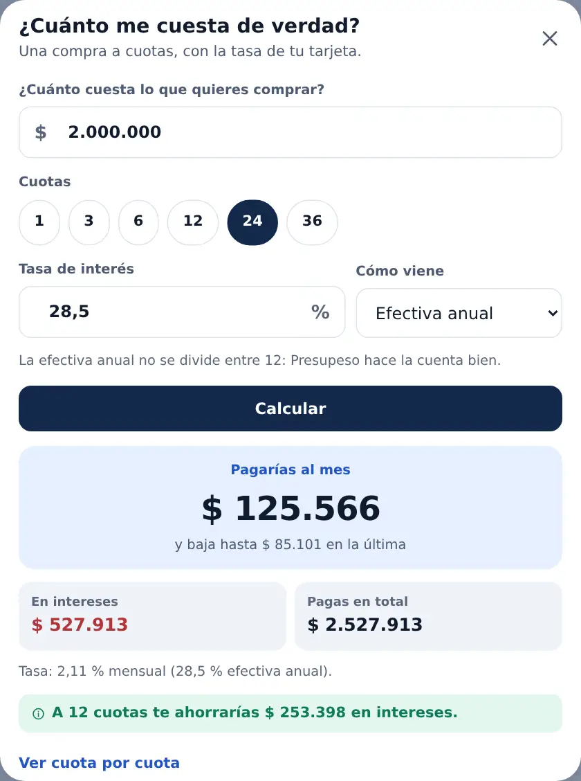 El simulador con un celular de $ 2.000.000 a 24 cuotas al 28,5 % EA: cuánto pagarías al mes, los intereses, el total y lo que te ahorras a 12 cuotas