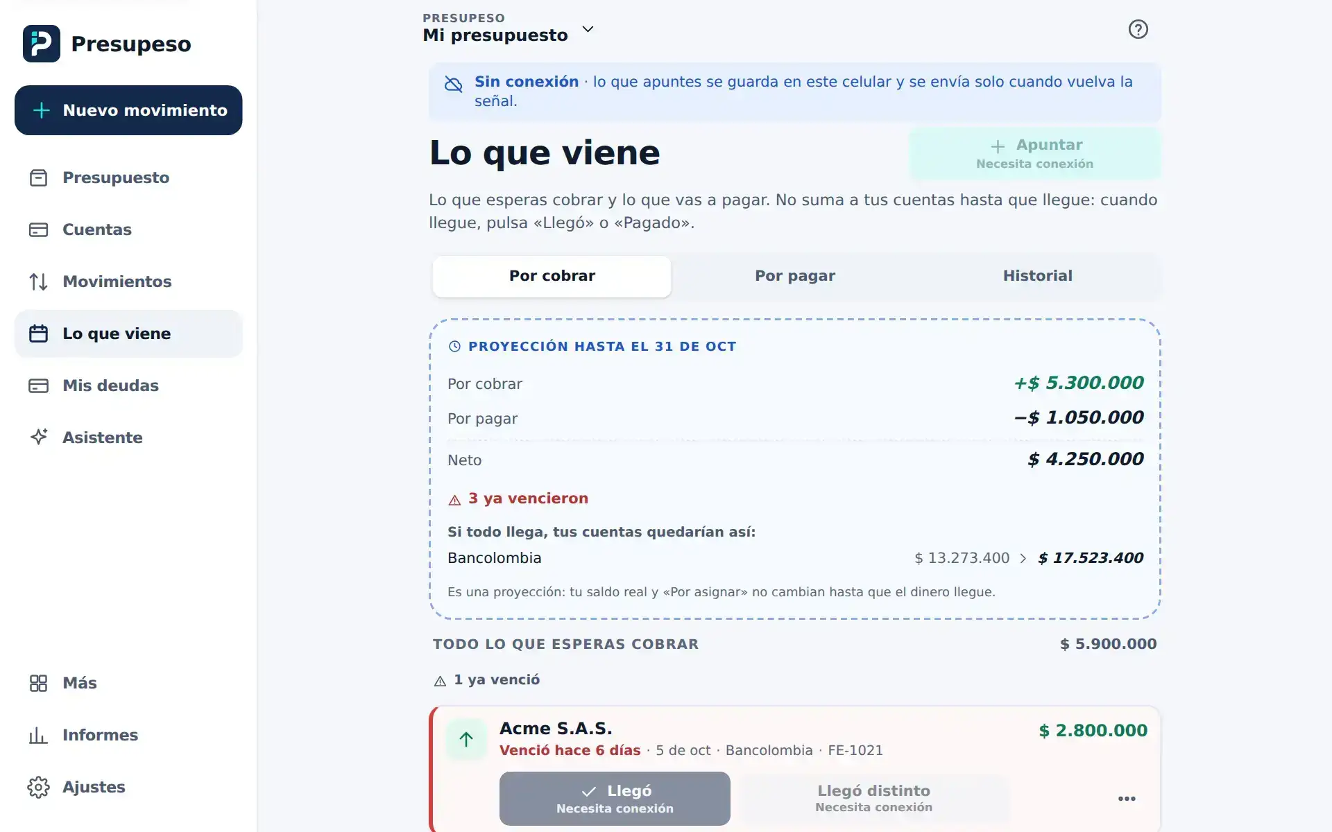 Una pantalla con datos cuando se va la señal: los botones que cambian algo quedan apagados y dicen Necesita conexión