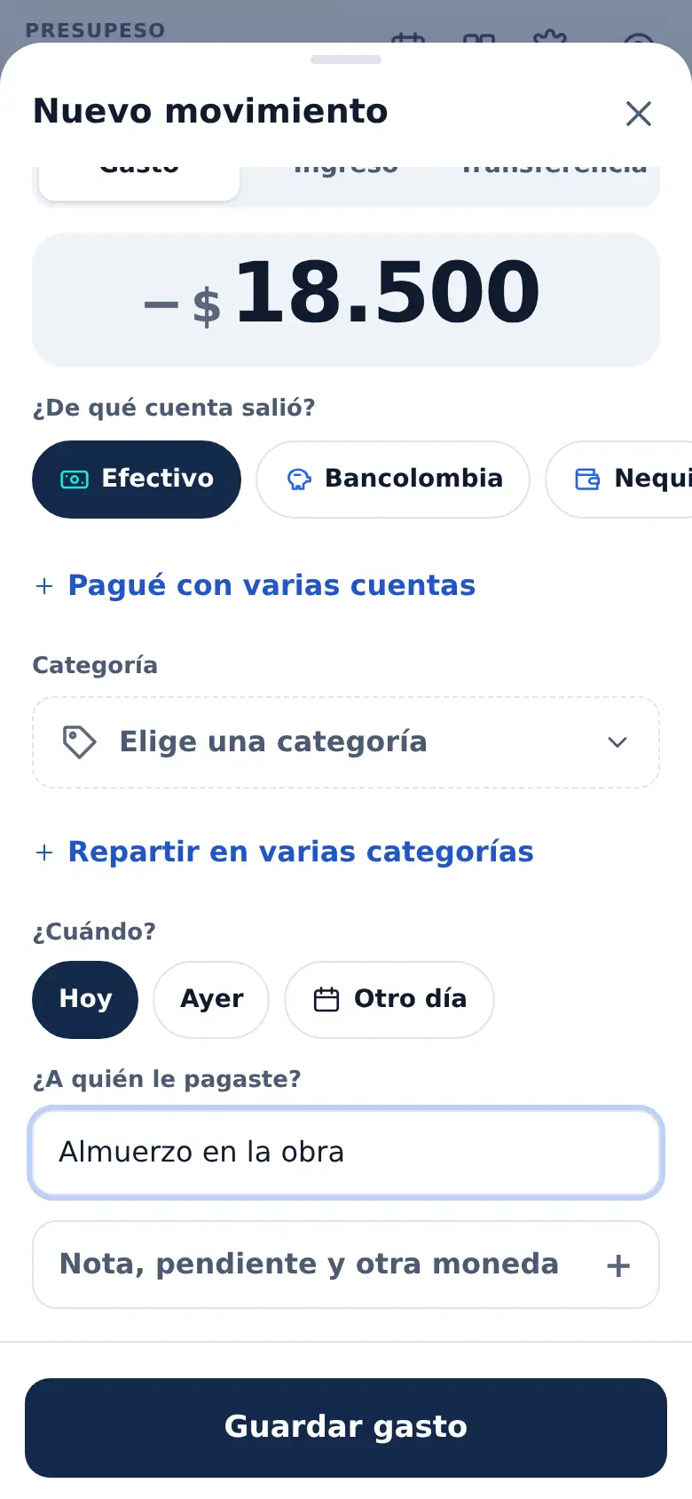 La pantalla de «Apuntas aunque no haya señal» en Presupeso
