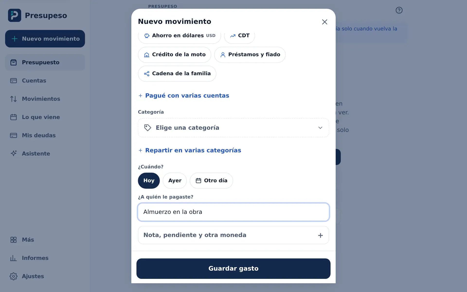 La hoja Nuevo movimiento sin señal, con el aviso de que se guarda en el celular