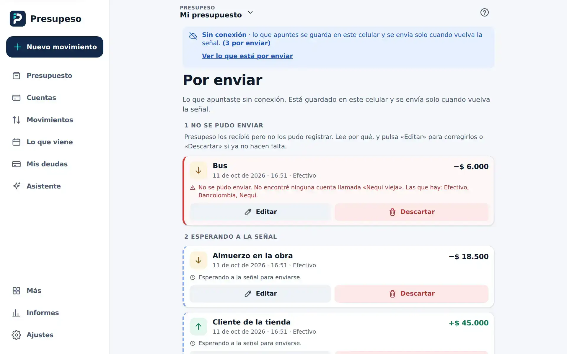 Por enviar: dos movimientos esperando a la señal y uno que no se pudo enviar, cada uno con Editar y Descartar