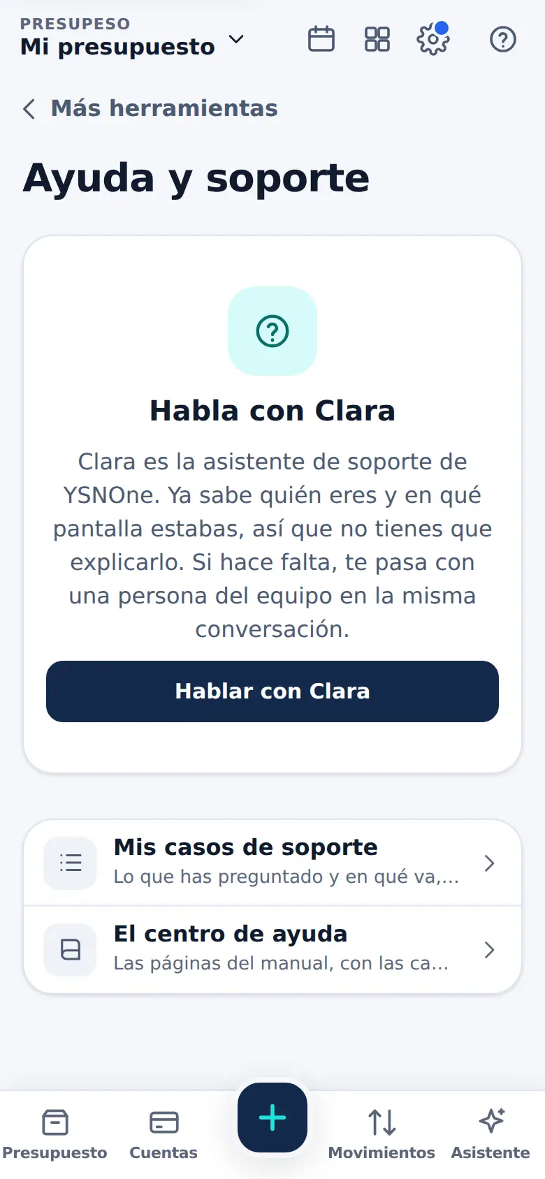 La pantalla de «Ayuda cuando la necesitas» en Presupeso
