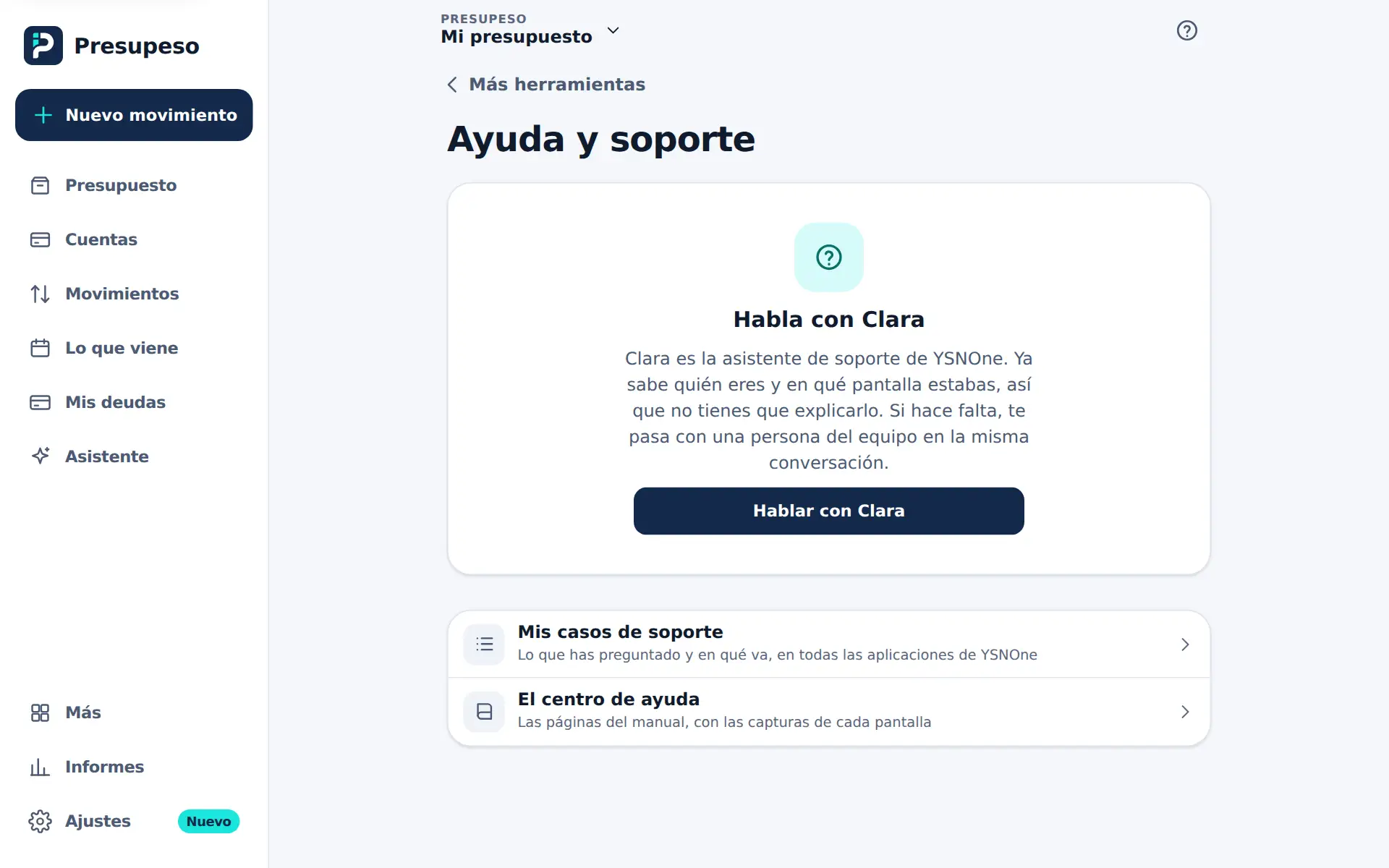 La pantalla Ayuda y soporte, con el botón Hablar con Clara y el enlace al centro de ayuda