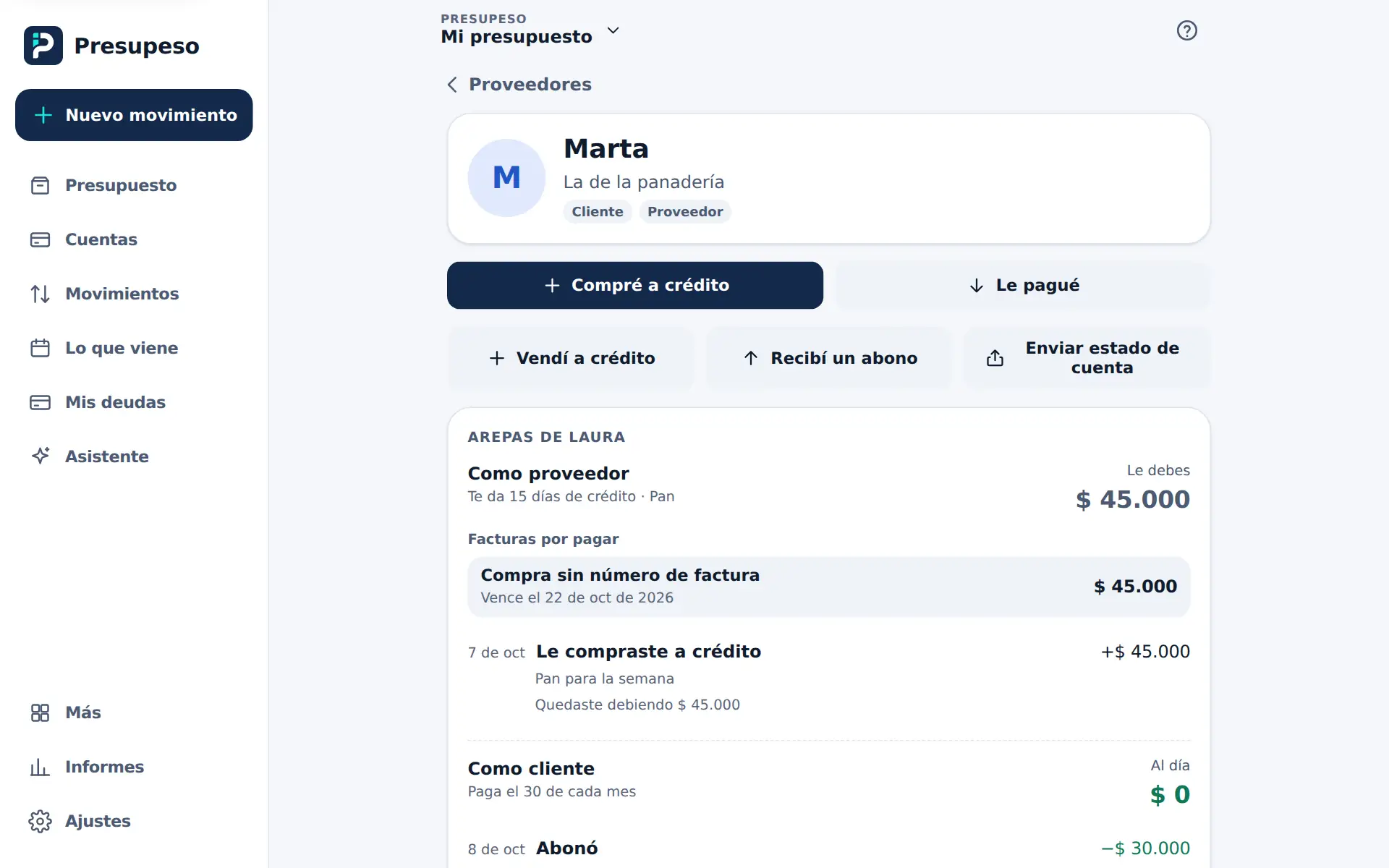 Marta es cliente y proveedora: le debes $ 45.000 por el pan y ella está al día con lo que te compra